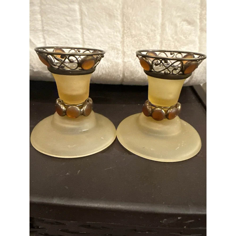 Vintage Frosted Amber Glass Candle Holders Metal Filigree Cabochon Set of 2